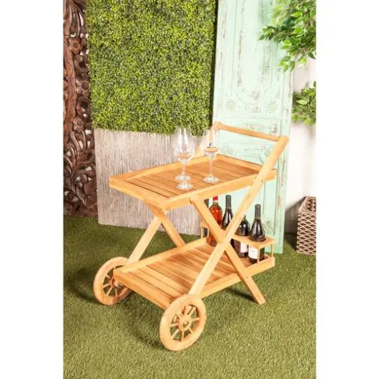 Brown Teak wood Traditional Outdoor Rolling Serving Cart, 32" x 32" x 21" {11}