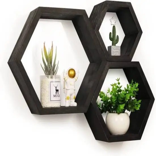 Black Hexagon Floating Shelves Set {6}