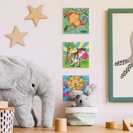 Arteza&reg; Kids Canvas Paint Kit, 3 canvas 4x4 in, Watercolor pencils and markers, Safari {6}