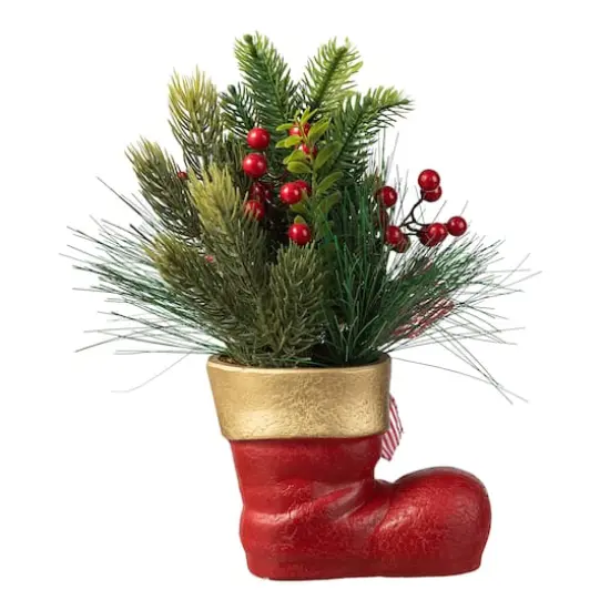 Glitzhome&reg; 14" Christmas Red Boot with Pine Needle & Berry Centerpiece {9}