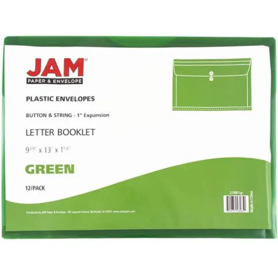 JAM Paper Letter Booklet Plastic Envelopes with Button & String Tie Closure, 12ct. Green {5}