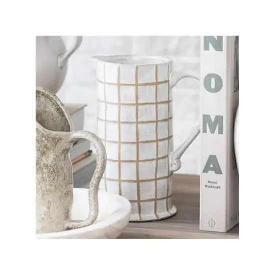 Hello Honey&reg; 46oz. Cream & Brown Reactive Glaze Wax Relief Grid Pattern Stoneware Pitcher {3}