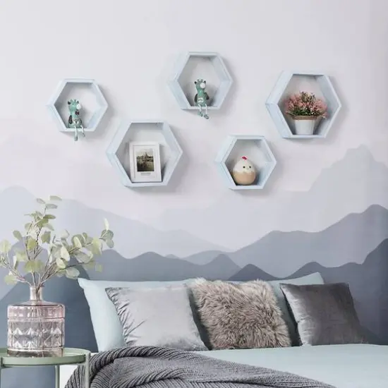 NEX™ Blue Whitewash Wall-Mounted Rustic Hexagon Honeycomb Hanging Shelf Set {7}