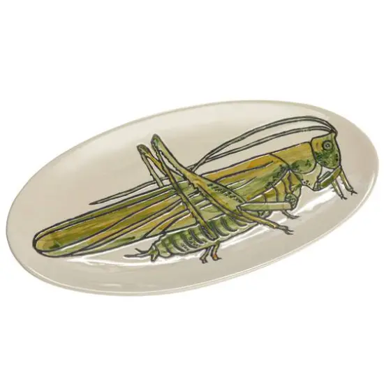 Hello Honey&reg; 11.5" Green & White Hand-Painted Grasshopper Stoneware Plate {1}