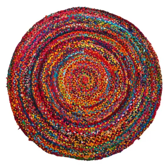 4ft. x 4ft. Hand Braided Boho Colorful Chindi Round Rug {1}