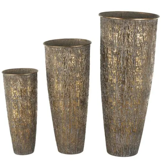 Brass Metal Abstract Tapered Textured Floor Decorative Vase with Gray Backing Set {1}