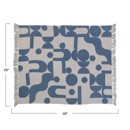 Hello Honey&reg; Blue & Beige Abstract Design Printed Woven Reclaimed Cotton Blend Throw Sheet with Fringe {4}