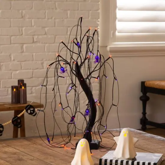 2ft. Pre-Lit Halloween Artificial Black Spooky Spider Willow Tree with 60 Orange & Purple LED Lights {9}