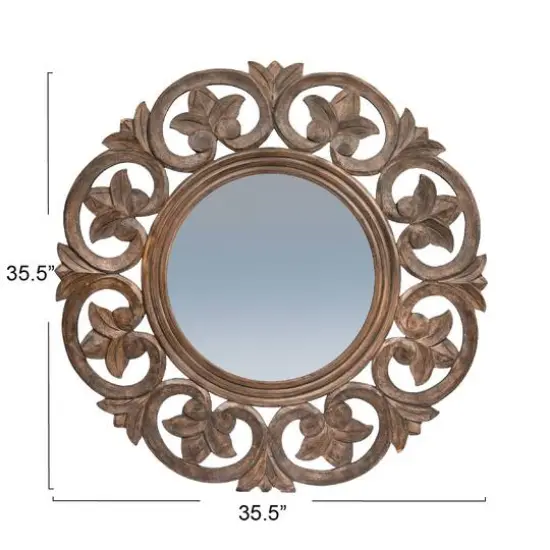 Hello Honey&reg; Walnut Round Carved Botanical Framed Wall Mirror {6}