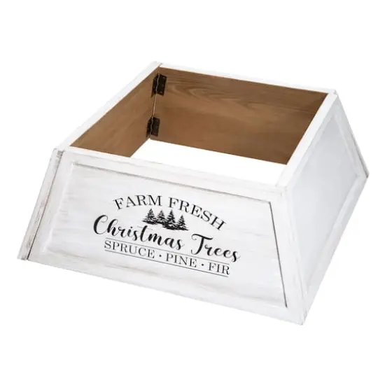 Glitzhome&reg; White 26" Farm Fresh Christmas Trees Wooden Trapezoid Tree Collar {1}