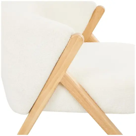 White Polyester Rounded Boucle Accent Chair with Angled Wooden Legs {5}