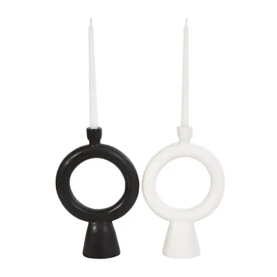 CosmoLiving by Cosmopolitan 12" Black & White Ceramic Geometric Ring Taper Candle Holder Set {4}