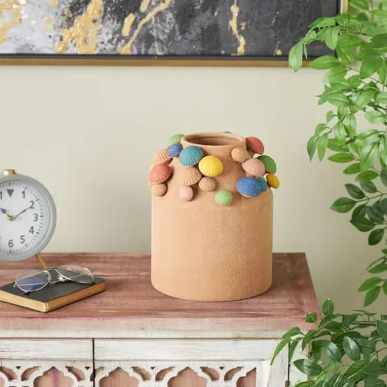 10" Brown with Multicolor Mushrooms & White Speckles Wide Ceramic Decorative Vase {3}