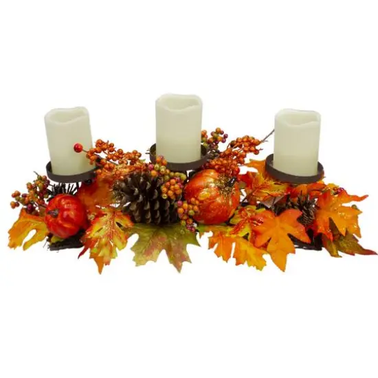 21" Orange Fall Harvest Leaves & Pumpkins Candle Holder {6}