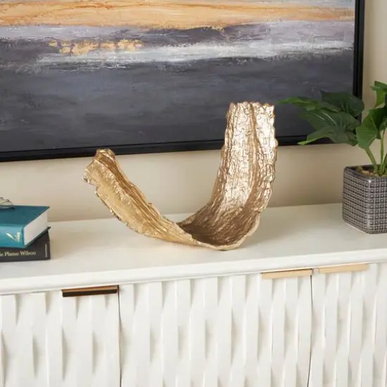 15" Gold Abstract Textured Folded Leaf Aluminum Bowl Sculpture {3}