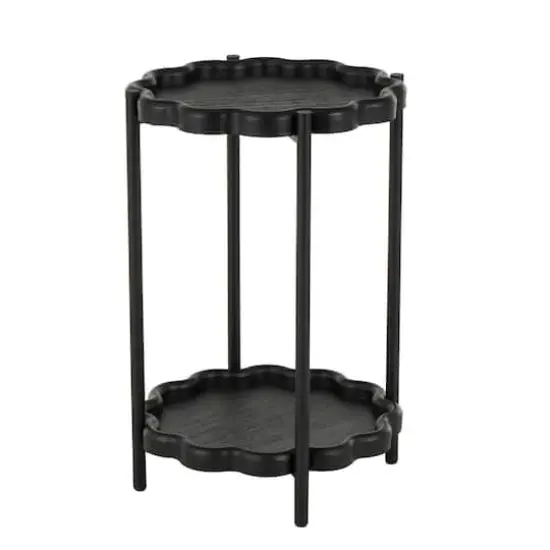 23.75" Black Wood Floral Inspired 2-Level Side End Accent Table with Metal Legs {1}