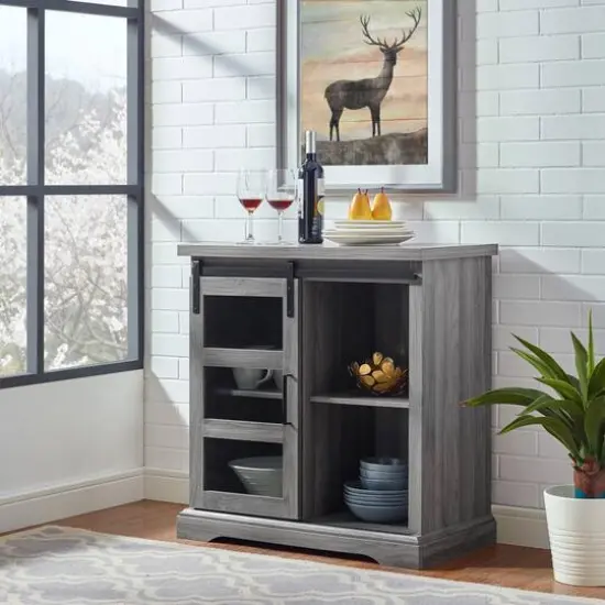 Walker Edison 32" Slate Grey Sliding Glass Door Modern Accent Cabinet {4}