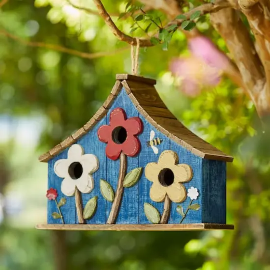 Glitzhome&reg; 15" Blue Distressed Wood Birdhouse with Flowers {3}