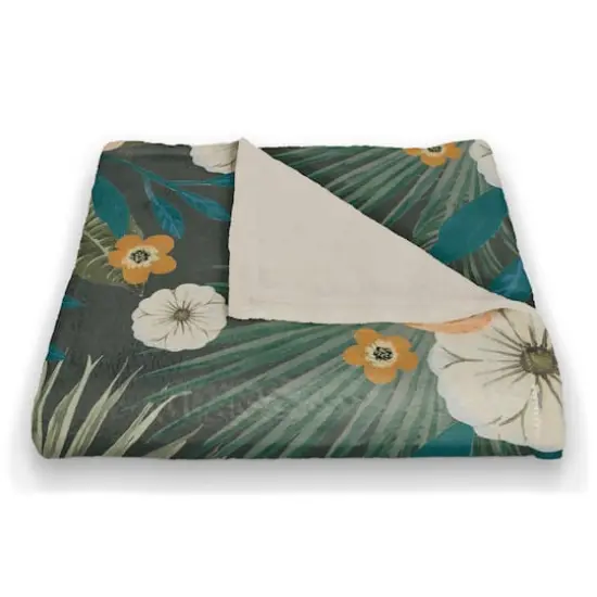 Tropical Floral Coral Fleece Blanket Green {3}