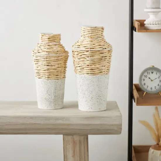 Brown Seagrass Woven Vase with Speckled Black and White Bases Set {3}