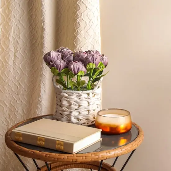 10" Peony Flower Bouquet In White Basket Purple {4}