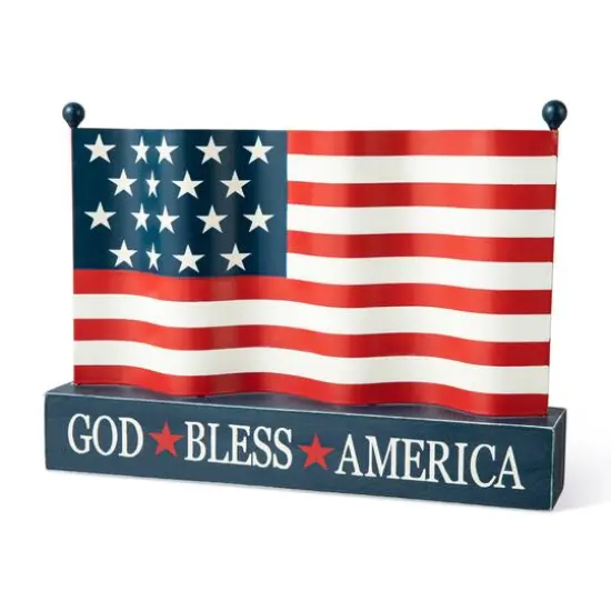 Glitzhome&reg; 14" Metal Patriotic America flag with Wooden Base Table D&eacute;cor {7}
