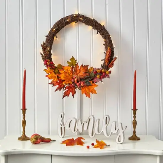 21" LED Maple Leaf & Berries Wreath {3}