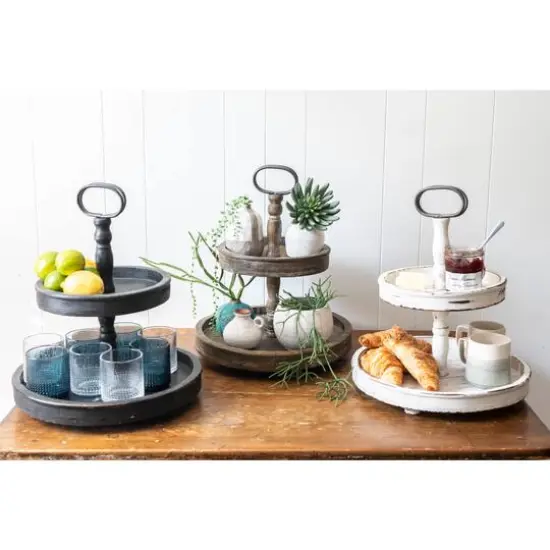 Hello Honey&reg; 18.5" Distressed Cream Wood 2-Tier Tray {8}