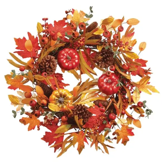 22" Pumpkin, Pinecone, Berry & Maple Wreath {1}