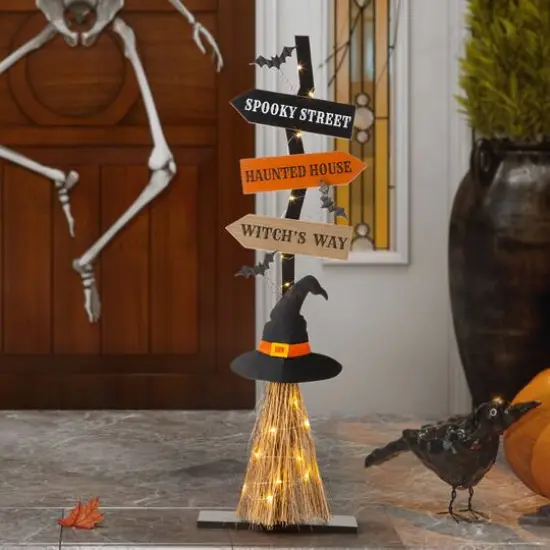 Glitzhome&reg; 42" Lighted Halloween Witch's Broom Porch D&eacute;cor with Timer {11}