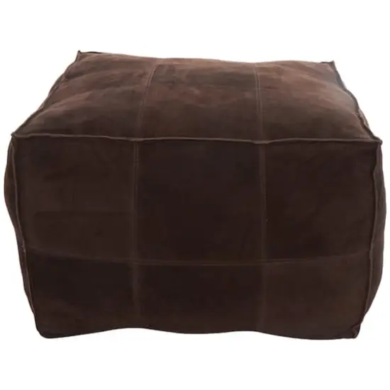28" Leather Low Profile Square Pouf with Patchwork Design Dark Brown {1}