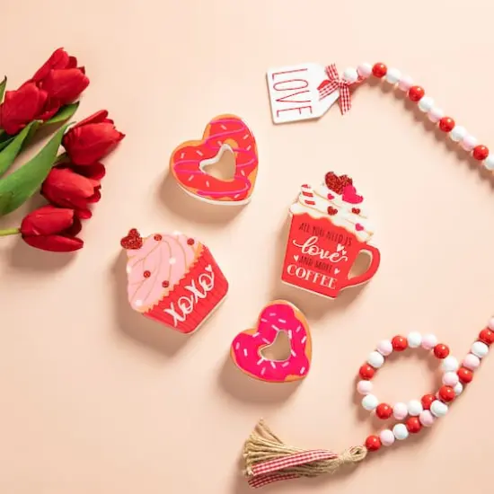 Glitzhome® Valentine's Wooden Cup Cakes & Heart Table Décor Set {6}