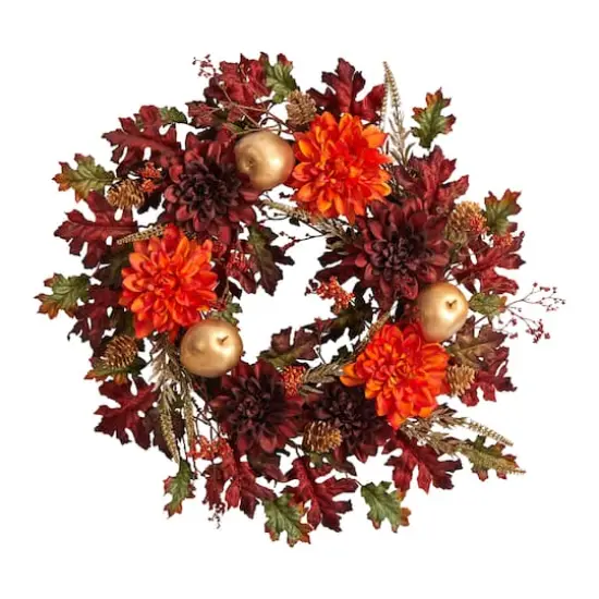 24" Fall Dahlia, Golden Apple, Oak Leaf & Berries Autumn Artificial Wreath {1}