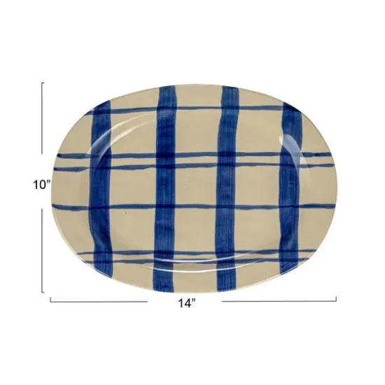 Hello Honey&reg; 14" Hand-Painted Wax Relief Blue Stripe Oval Stoneware Platters, 2ct. {4}