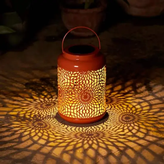 Glitzhome&reg; 9" Cutout Metal Solar Powered Outdoor Hanging Lantern Orange {5}