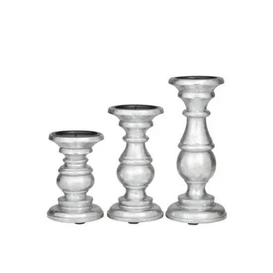 Mango Wood Traditional Candle Holder Set Silver {6}