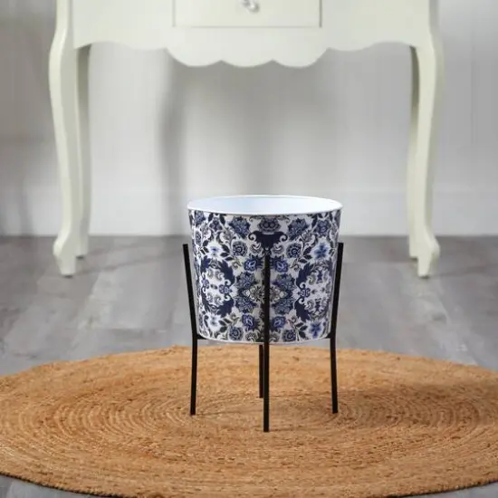 16" Oriental Blue and White Classic Round Metal Planter with Stand {4}