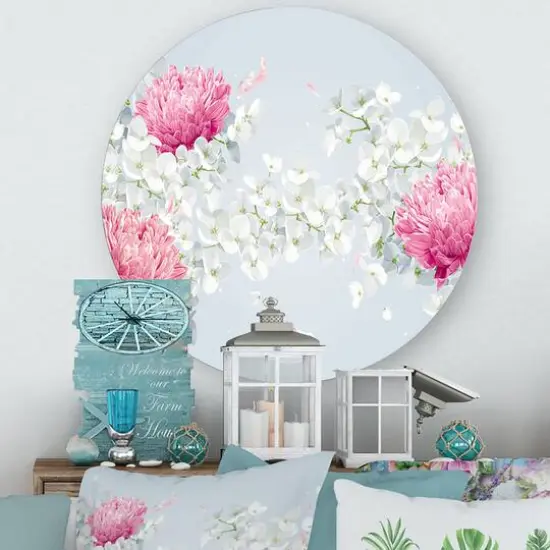 Designart - Chrysanthemums and Apple Blossom - Traditional Metal Circle Wall Art {2}