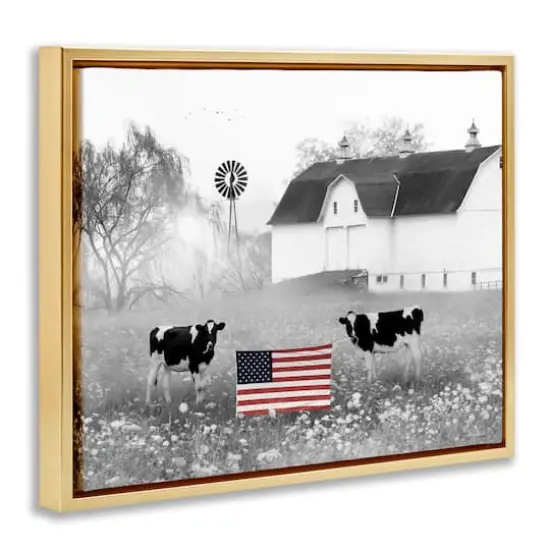 Stupell Industries Americana Barn Country Cows Flag Floater Framed Art Gold {4}