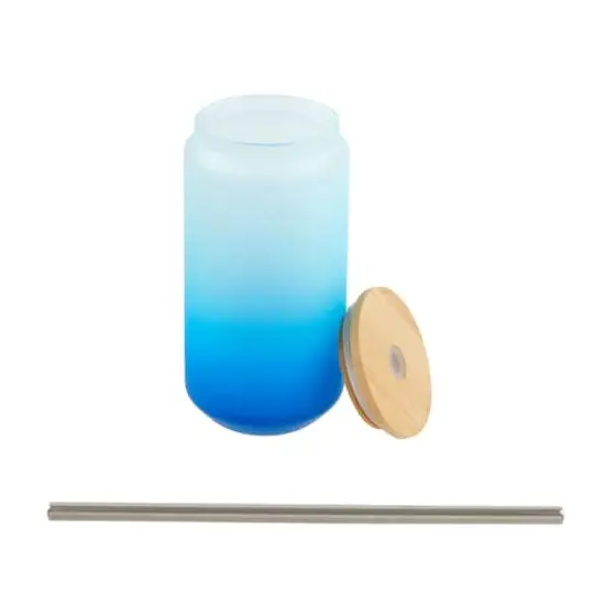 18oz. Frosted Glass Sublimation Tumbler with Bamboo Lid & Straw by Make Market&reg; Blue {4}