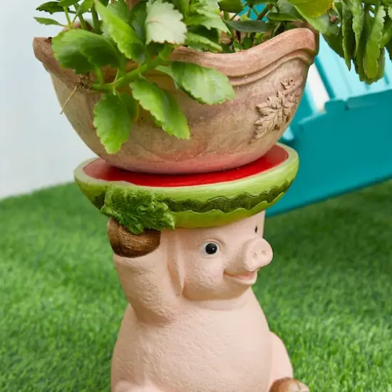Glitzhome&reg; 12.5" Pig Holding a Watermelon Decorative Garden Stool {5}