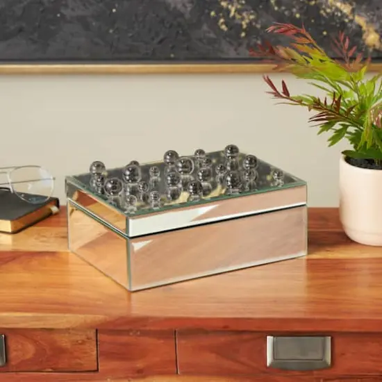 9.75" x 7" x 4.75" Silver Glass Mirrored Decorative Jewelry Box with Black Bubble Textured Balls {3}