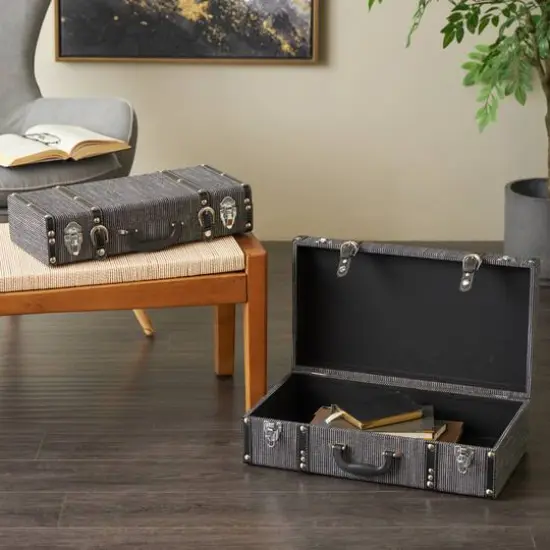 Black Fabric Woven Storage Decorative Trunk with Silver Latches & Buckles Set {9}