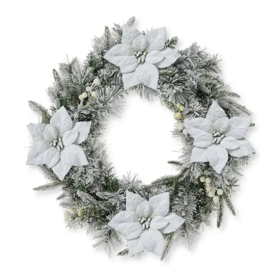 Glitzhome&reg; 24" Pre-Lit Snow Flocked Greenery Pine Poinsettia Christmas Wreath {8}