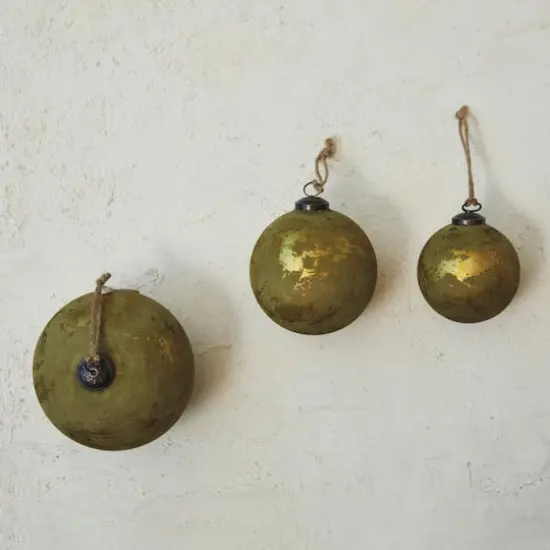 Hello Honey&reg; 12 Pack 4" Matte Olive Green & Gold Distressed Glass Ball Ornaments {4}