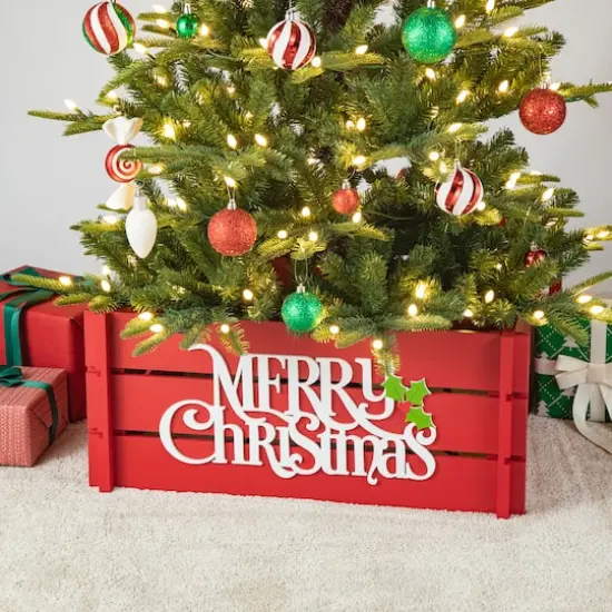 Glitzhome&reg; Red Merry Christmas Crate Tree Collar {3}