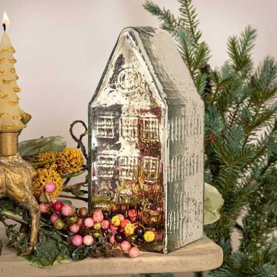 Hello Honey&reg; 10" Silver Tall Mercury Glass House Decoration {4}