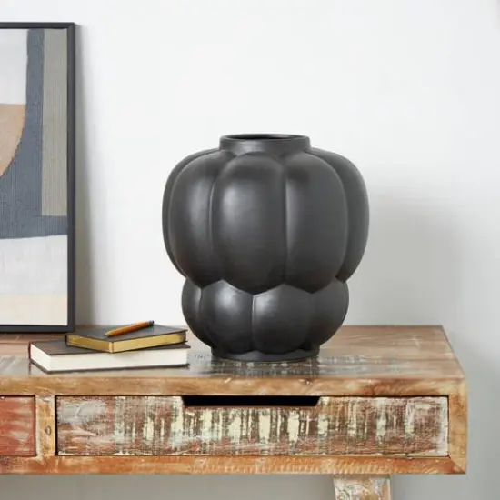 13" Black Speckled Ceramic Bubble Ribbed Vase {9}