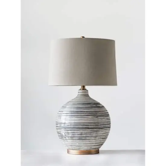 Hello Honey&reg; Textured Black & White Striped Ceramic Table Lamp with Grey Linen Shade {3}