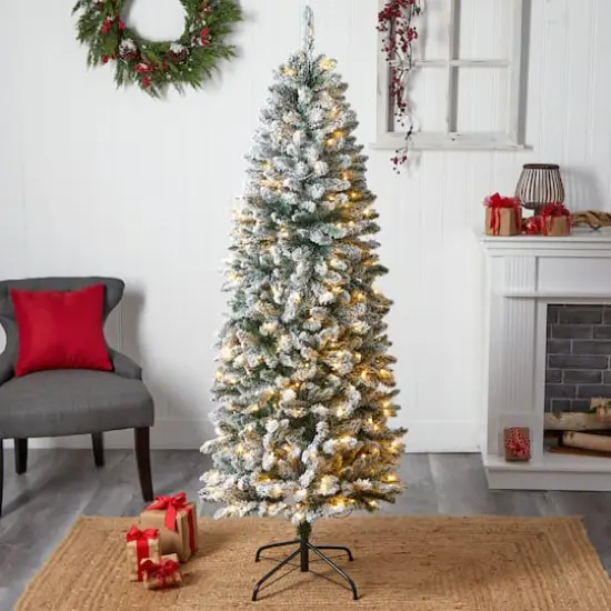 6ft. Pre-Lit Slim Flocked Montreal Fir Artificial Christmas Tree {10}